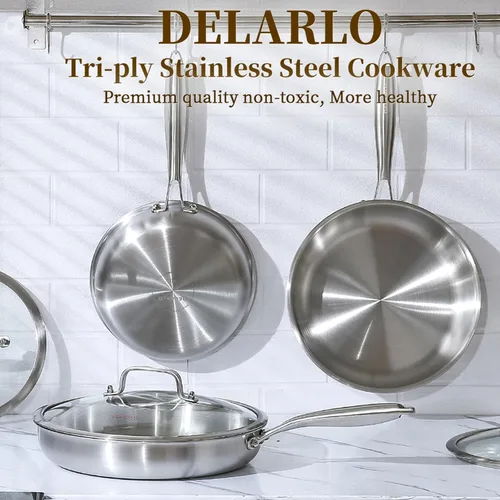 Miniatura 4 de DELARLO Sartén de acero inoxidable de tres capas de 10 pulgadas y 12 pulgadas, sartén apta para horno y de inducción, juego de ollas y sartenes