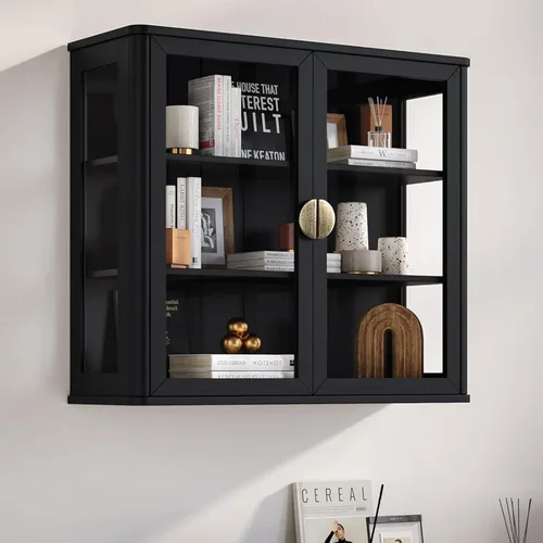 Miniatura 10 de NEWOWNDS Gabinete de Almacenamiento de Pared con Vitrina de Vidrio Templado Negro, Gabinete de Pared para Baño, Gabinete Montado en la Pared