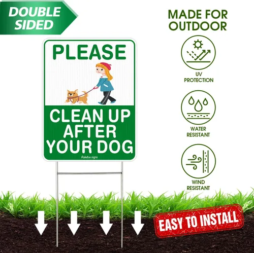 Miniatura 3 de Letrero Clean Up After Your Dog (2 unidades) de 12 x 9 pulgadas, letrero de limpieza después de tus mascotas, doble cara con alambre de metal