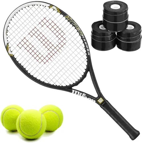 Wilson Hyper Hammer 5.3 110 - Juego o kit de raqueta de tenis recreativa preencordada con overgrips y una lata de pelotas de tenis reguladoras de la