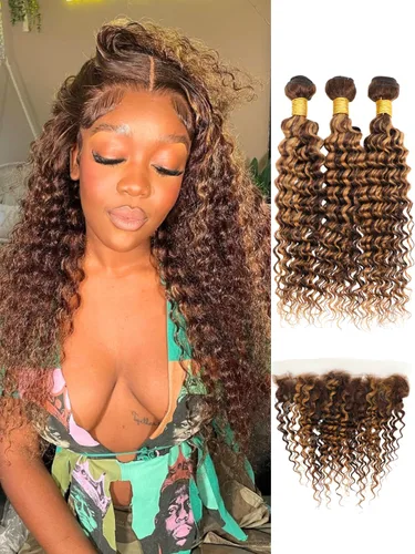 Miniatura 45 de P4/27 Cabello Humano Solitario de Onda Profunda con Reflejos Rubios Miel, 12A 100% Tejido Brasileño Virgen Ondulado Grueso con Mechas Ombre Marrón