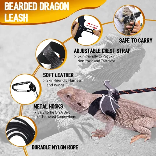 Miniatura 5 de WATFOON Arnés y Correa de Cuero de Lagarto Ajustable y Eslinga Portadora de Dragón Barbudo, Correas de Entrenamiento para Reptiles Mascotas Pequeñas