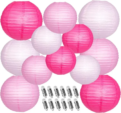 Faroles de papel decorativos, faroles chinos redondos colgantes rosados con luces para compromiso, despedida de soltera, fiesta de cumpleaños, 12