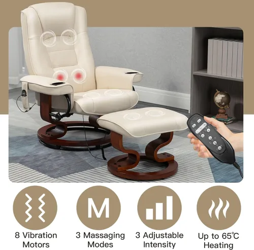 Miniatura 4 de AVAWING Silla reclinable con masaje por vibración, reclinable, de piel sintética, con otomana, giratoria, de madera, para sala de estar, color beige