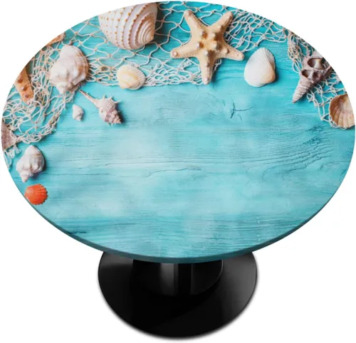 Miniatura 46 de Mantel Redondo con Elástico para Mesa de Playa, Diseño de Estrella de Mar, Cubierta de Mesa Circular, Impermeable, Lavable, de Poliéster, Pequeñas