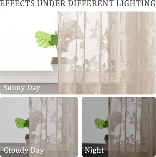 Miniatura 4 de DWCN Paquete de 2 cortinas traslúcidas pequeñas de encaje floral beige para cocina, cortinas traslúcidas ligeras con bolsillo para barra, cortinas