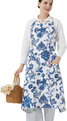 Miniatura 14 de Delantales de algodón y lino para hornear, talla grande, para mujer, con bolsillos, cocina