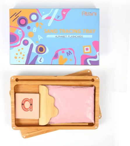 Miniatura 4 de AtMini Montessori Bandeja de arena con tapa, bandejas de arena de madera para niños que escriben letras y números, imprescindibles para el aula Rosa
