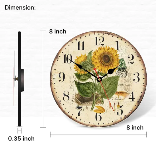 Miniatura 5 de TAHEAT Reloj de pared de girasol de verano de 8 pulgadas, relojes retro rústicos florales a pilas, reloj decorativo de madera fácil de leer