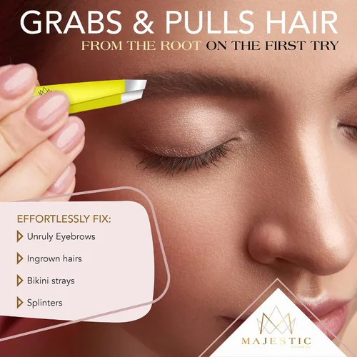 Miniatura 4 de Majestic Bombay Pinzas de punta fina + inclinadas para mujeres y hombres, garrapatas astilladas, depilación facial, cejas y encarnadas, afiladas