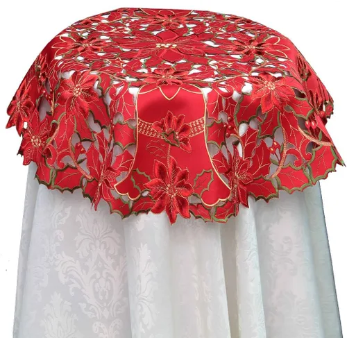 Creative Linens Mantel bordado de Navidad con campana de pascua, color rojo, redondo o cuadrado (33 pulgadas, redondo)