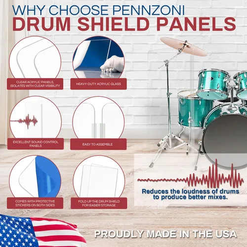 Miniatura 2 de PENNZONI Drum Shield de 4 pies con bisagras de plástico, viene con 3 paneles de batería y bisagras de plástico, paneles de acrílico transparente