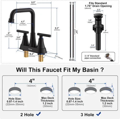 Miniatura 2 de Grifo de Lavabo de Baño Negro Mate, Hurran Grifos de Baño de 4 Pulgadas para Lavabo de 3 Orificios con Desagüe Pop-up y Líneas de Suministro, Grifo