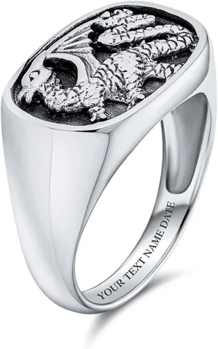 Miniatura 3 de Statement Black Onyx Gemstone Rectangle Goth Men's Viking Shield Signet Flying Winged Dragon Ring For Men Oxidized .925 Sterling Silver