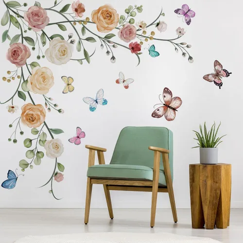 Runtoo Pegatinas colgantes de flores y vides, diseño de peonía y mariposas florales para niñas, dormitorio, sala de estar, fondo de TV, decoración