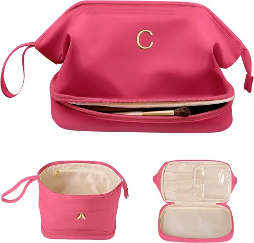 Miniatura 61 de Regalos para mujer, bolsa de maquillaje grande con inicial, artículos esenciales de viaje, bolsa de cosméticos personalizada de doble capa