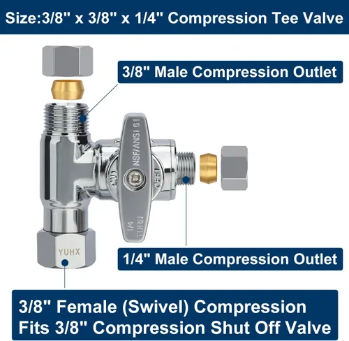 Miniatura 2 de Válvula Add-A-Tee de parada angular de latón, válvula de T de compresión de 3/8 x 3/8 x 1/4, Adaptador de agua de alimentación para refrigeradores