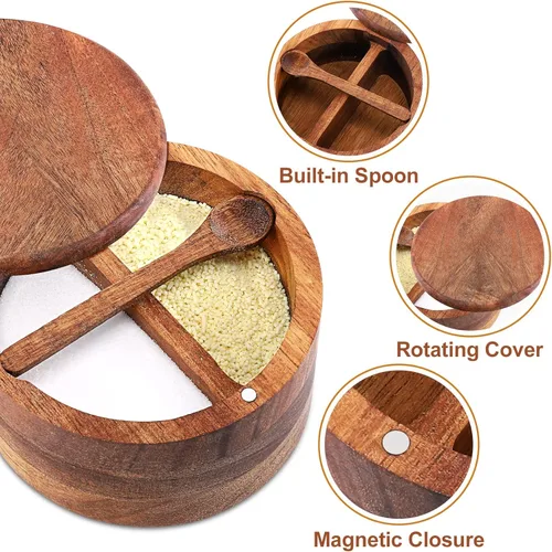 Miniatura 2 de Cuenco de Madera de Acacia para Sal y Pimienta, Salero de Madera Natural y Caja de Almacenamiento de Especias con Cuchara Incorporada y Tapa Dos