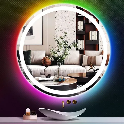 THEKLA Espejo de baño LED redondo de 24 pulgadas con luces, luz frontal de 3 colores + RGB arcoíris que cambia de color, espejo de tocador redondo