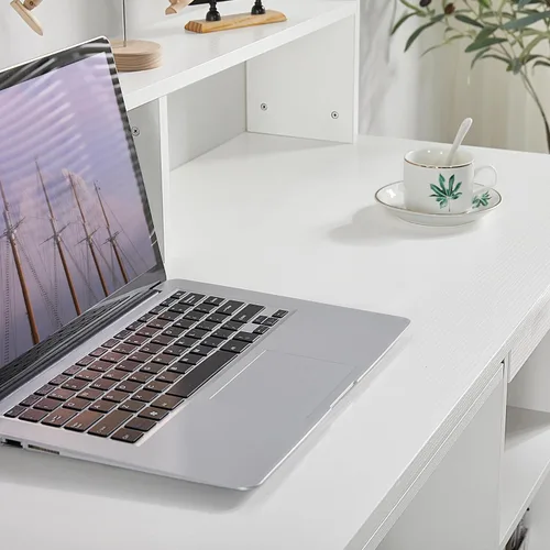 Miniatura 9 de Yaheetech Morden - Escritorio con bandeja para teclado, escritorio para computadora de oficina en casa, escritorio de madera para computadora