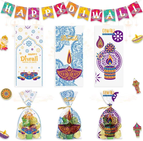 120 bolsas Diwali – 3 estilos de bolsas de celofán con lazos giratorios para regalos Diwali y decoración de fiestas