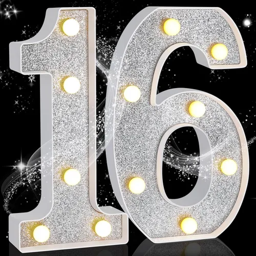 Treela Números LED iluminados decorativos de 8.7'' de cumpleaños, letrero de números de marquesina de purpurina para decoraciones de fiesta de