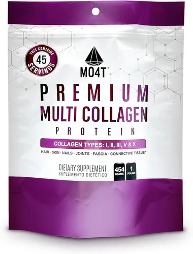 MO4T - Polvo hidrolizado de colágeno múltiple - Proteína de colágeno, péptidos de colágeno tipo 1,2,3,5,10, sin azúcar, (1 libra) cabello, piel y