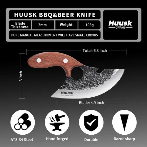 Miniatura 3 de Huusk Cuchillos vikingo para cortar carne, pequeño cuchillo Ulu, forjado a mano, cuchillos Ultimo cavernícolas de espiga completa para cocina