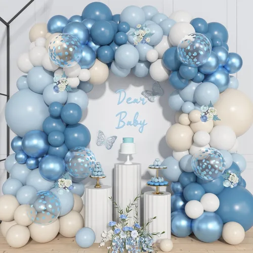 Ouddy Life Kit de arco de guirnalda de globos de color azul polvoriento, 157 unidades, globos de confeti de color azul metálico y blanco
