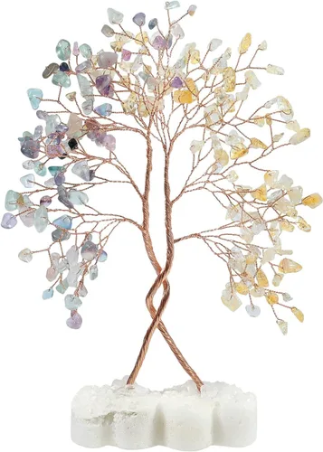 Miniatura 9 de SUNYIK Árbol de dinero de cuarzo rosa y aguamarina con base de cuarzo de roca de doble corazón, hecho a mano, envuelto en alambre, árbol de la vida