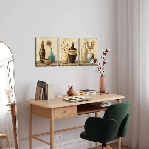 Miniatura 3 de sechars Arte de pared vintage con florero, flores de granja, pintura de hierba de las pampas, lienzo, cuadros de lienzo, arte estético retro marrón