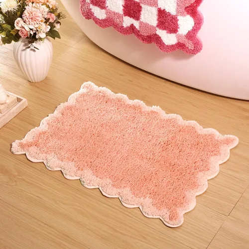 Miniatura 42 de ORTIGIA Pequeña y Linda Alfombra de Baño con Volados, Alfombras de Baño de Microfibra de Lujo en Blanco y Rosa, Antideslizante, Lavable, de Secado