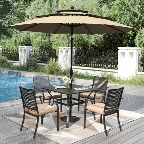 Miniatura 5 de PHI VILLA Mesa de comedor para exteriores de 37 pulgadas, con listones de acero metálico, mesa de comedor cuadrada para patio con agujero para Negro