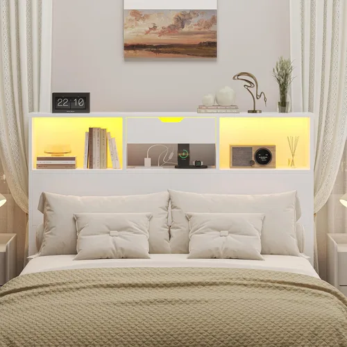 Miniatura 9 de Cabecero para cama tamaño Queen con estante de almacenamiento y cajones, cabeceros profundos de madera con estación de carga y luces LED, cabecera