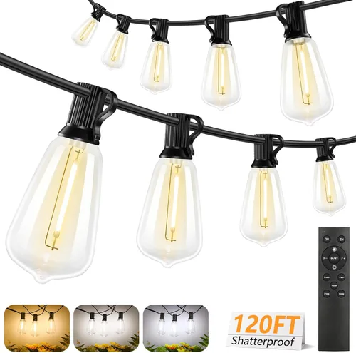 Miniatura 16 de Brightever - Guirnalda de luces de exterior de 50 pies, con control remoto, 16 bombillas Edison vintage ST38 inastillables, 3 modos, 2