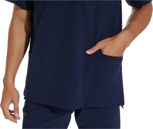 Miniatura 5 de COZYFIT Conjunto de ropa quirúrgica para hombre camiseta elástica con cuello en V y pantalón deportivo con 8 bolsillos, cintura de yoga, ropa
