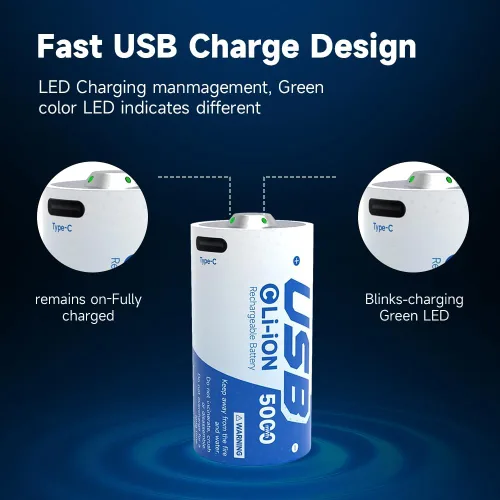 Miniatura 2 de Paquete de 4 baterías recargables de litio C, baterías de celda C/lr14 de 1.5 V con cable de carga USB-C, alta capacidad de 5000 mWh, batería