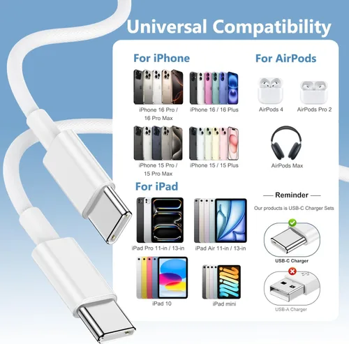 Miniatura 6 de Cargador de carga rápida para iPhone 17, 16, 15, paquete de 2 cables de carga rápida USB C a C de 10 pies, cable de carga rápida de 20 W, bloque