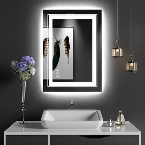 Snowdool - Espejo de baño LED de 27x19 pulgadas con luz frontal y trasera, espejo de tocador iluminado regulable con función antiempañante, función