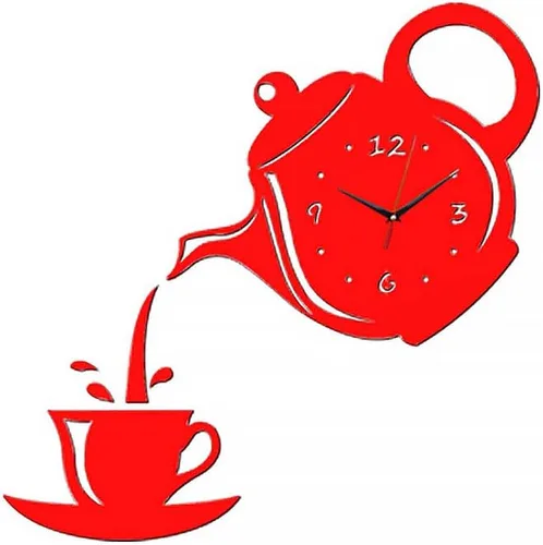 Miniatura 2 de Tetera y taza acrílico 3D DIY espejo reloj de pared – Seguridad irrompible azulejos espejo autoadhesivo superficie tiempo adhesivo para decoración