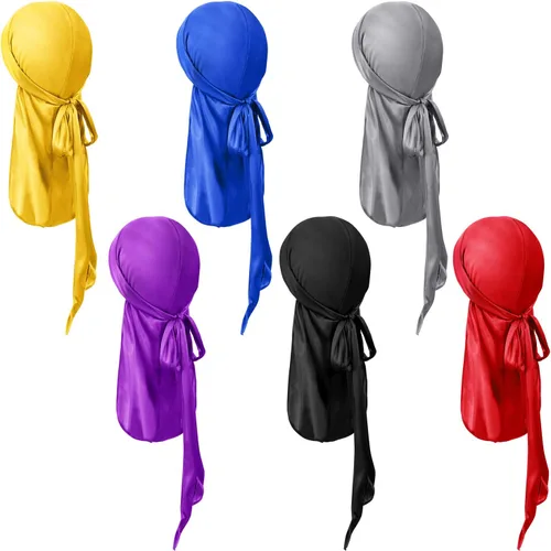 SATINIOR 6 gorros Durag de seda satinada para niños, con correa ancha, turbante de cola larga, para niños y niñas, multicolor, M, Azul