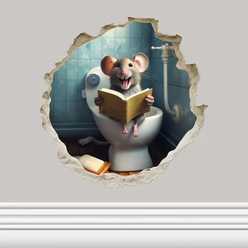 Miniatura 12 de Mouse de fútbol en el inodoro en el agujero del ratón, calcomanía de pared 3D, decoración del hogar de dibujos animados, arte de vinilo, estantería