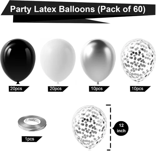 Miniatura 3 de Bezente Globos de látex de confeti negro y plateado, 60 globos de 12 pulgadas, cromados metálicos y confeti de 12 pulgadas, para Año Nuevo