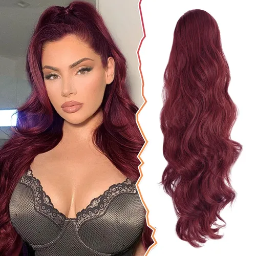 Miniatura 31 de BARSDAR Extensión de cola de caballo rojo burdeos, extensiones de cabello ondulado con cordón de 16 pulgadas para mujer, extensiones de cabello