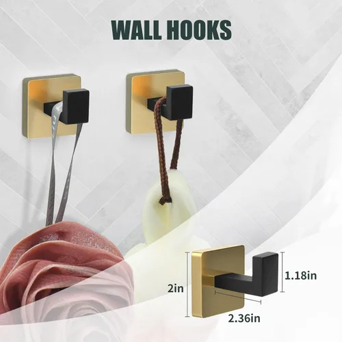 Miniatura 5 de Juego de barras para toallas de 5 piezas en negro y dorado - Accesorios de baño dorados y negros con 2 ganchos para toallas, juego de barras