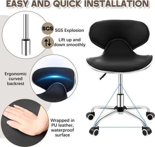Miniatura 4 de Geelin Silla de pedicura para tecnología de uñas, taburete ergonómico con soporte de espalda, taburete hidráulico ajustable para spa con ruedas