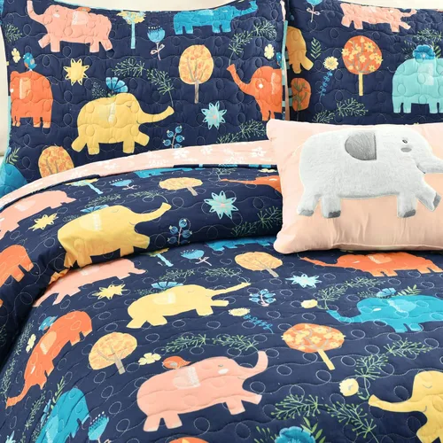 Miniatura 3 de Lush Decor Hygge - Juego de edredón reversible de elefante, tamaño individual, 3 piezas, azul marino y multicolor, juego de ropa de cama para niños