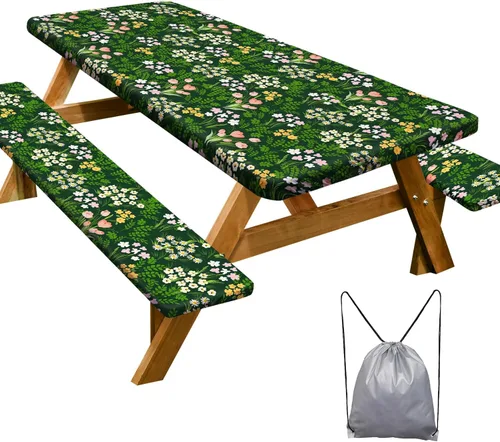 Miniatura 14 de Funda de mesa de picnic con fundas para bancos Esenciales de camping Mantel de picnic impermeable y a prueba de viento con bolsa de cordón, funda
