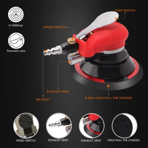 Miniatura 4 de Lijadora orbital aleatoria neumática ZFE de 5" y 6" Lijadora de palma neumática con placa de respaldo extra de 5", almohadillas de pulido
