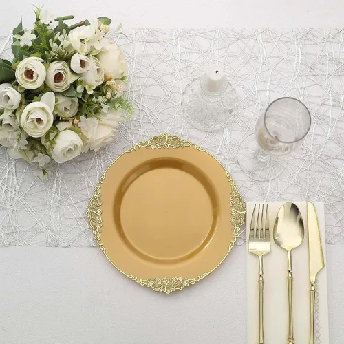 Miniatura 6 de Tableclothsfactory Paquete de 10 platos redondos de plástico barroco dorado de 8 pulgadas para ensalada de postre, vajilla desechable con borde